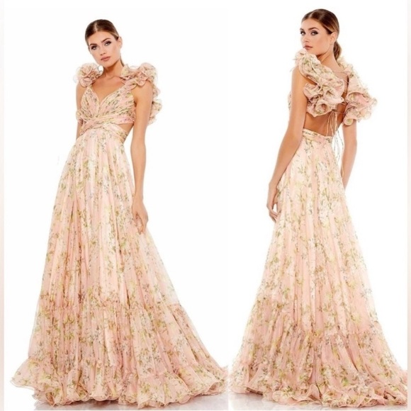MAC DUGGAL
Pink Ruffle Tiered Floral Cut-Out Chiffon Gown size 10 NWT - Picture 2 of 9